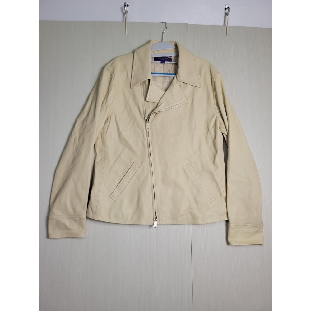 Ralph Lauren Purple Label Torin Lambskin Moto Jacket Size 12 Cream Leather $4595